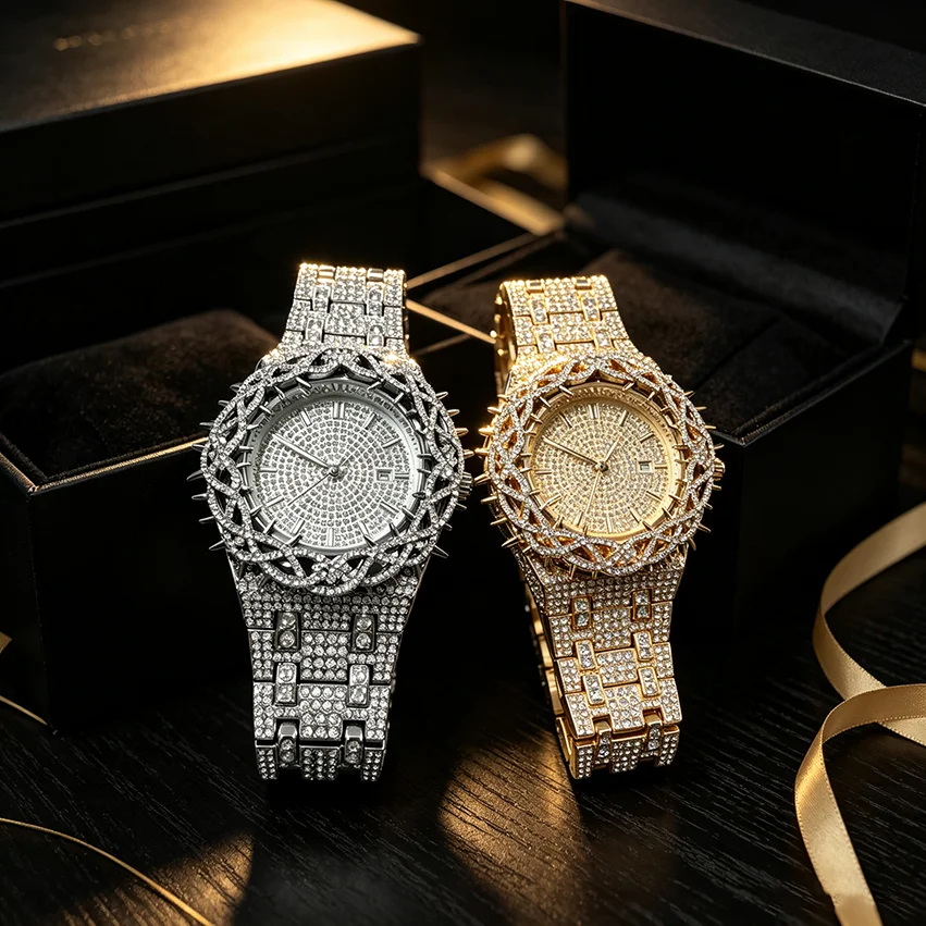 Quartz Watches For Men Flower Case Luxury Diamond Men's Watch With Blingbing Zircon Gold Fashion Hip Hop Hand Clock New