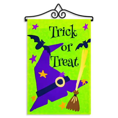 Garden Flag Trick or Treat Purple Witch Hat Green 12x18IN & Hanger Printed Poly