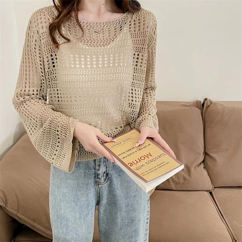 Sheer Mesh Top Women Fishnet Long Sleeve O-neck Pullover Open-Knit Crochet Top Laides Spring Summer Cover Up Casual Outfit