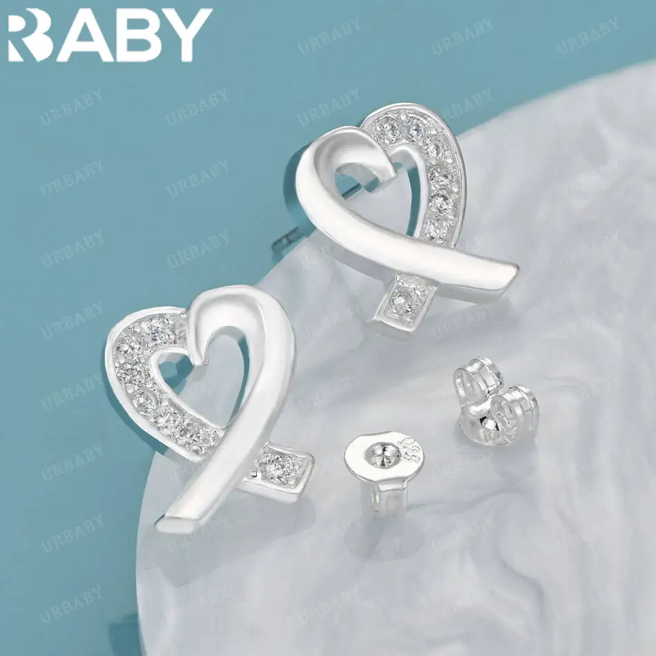 

URBABY 925 Sterling Silver Zircon Heart Stud Earrings For Women Fashion Romantic Grace Jewelry Anniversary Wedding Accessories