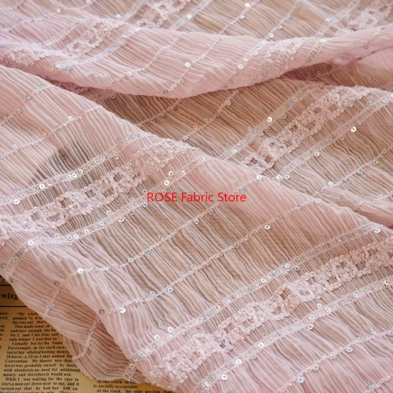 Haft cekinowy Miękka plisowana tkanina szyfonowa, koronkowa tkanina w paski do sukni ślubnej, sukienki Cupcake, sukienki imprezowej, koronkowego topu