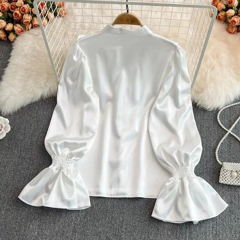 Luxury Ruffle Flared Sleeves Blouse Black White Shirts Women  Retro Blouse Stand Collar French Design Chic Loose Top Mujer New