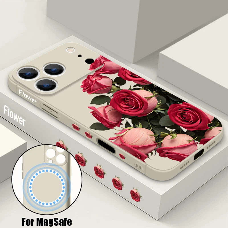 حافظة هاتف مغناطيسية من البولي يوريثان لهاتف آيفون 16E 17 Pro Max Air 16 15 14 Pro 13 12 Pro Max 11 غطاء حبل ناعم بنمط زهور الورد الأحمر #1