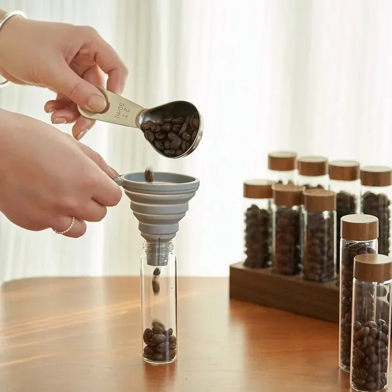 

Durable Wooden Holder Coffee Beans Storage Container Tube Glass Display Rack Tea Bottle Coffee Beans Sealed Can Tubes