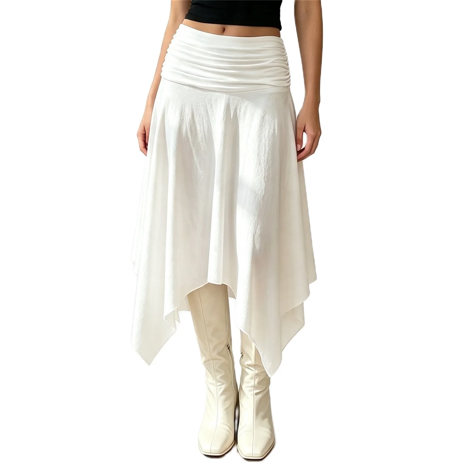 2027 Early Autumn Women's Sexy Low-Rise Casual Asymmetrical Hem Midi Skirts Vintage Ladies Solid-Color Casual Flowy A-Line Skirt