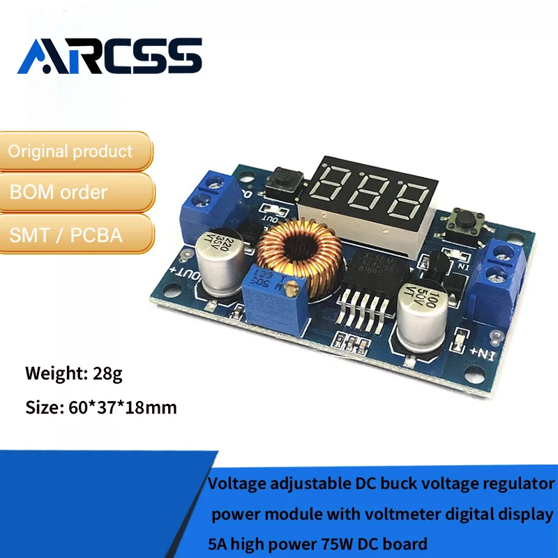 وحدة طاقة منظم جهد تيار مستمر قابلة للتعديل مع شاشة ديجيتال الفولتميتر 5A عالية الطاقة 75 وات لوحة تيار مستمر