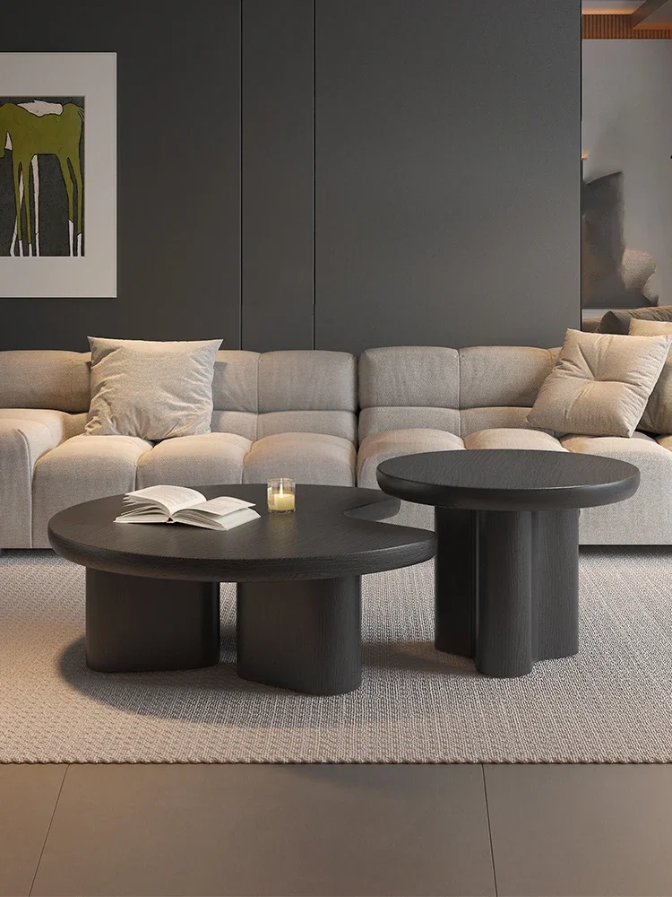 Large and small coffee table combination, creative design round tea table Italian minimalist, living room home black oak