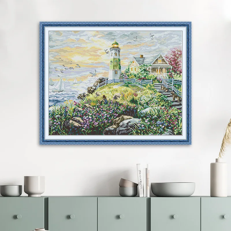 

Joy Sunday DMC Threads Cross Stitch Kit, Easy Pattern Aida Fabric Embroidery Set-Beautiful Seaside Lighthouse