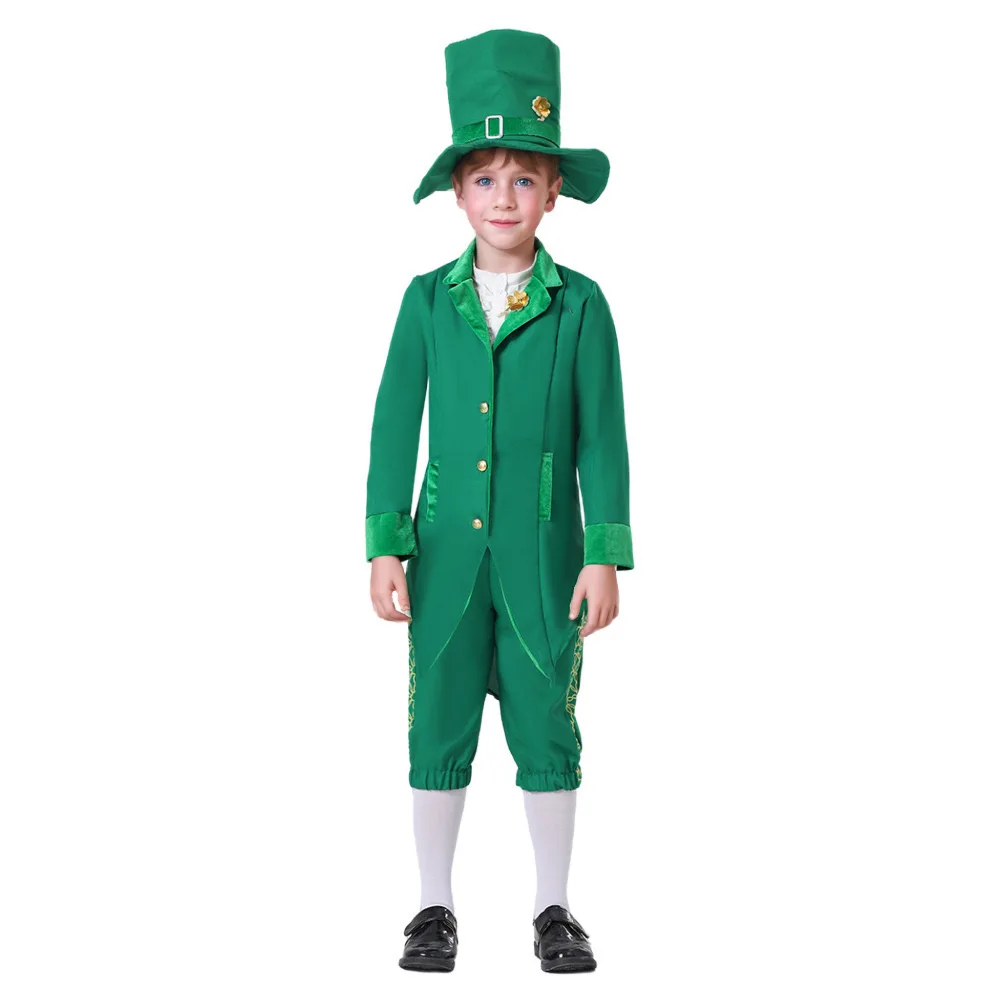 Costume da bambino Leprechaun Costume da bambino per il giorno di san patrizio Costume da Shamrock verde Set Top da gentiluomo a maniche lunghe + pantaloni a righe + cappello