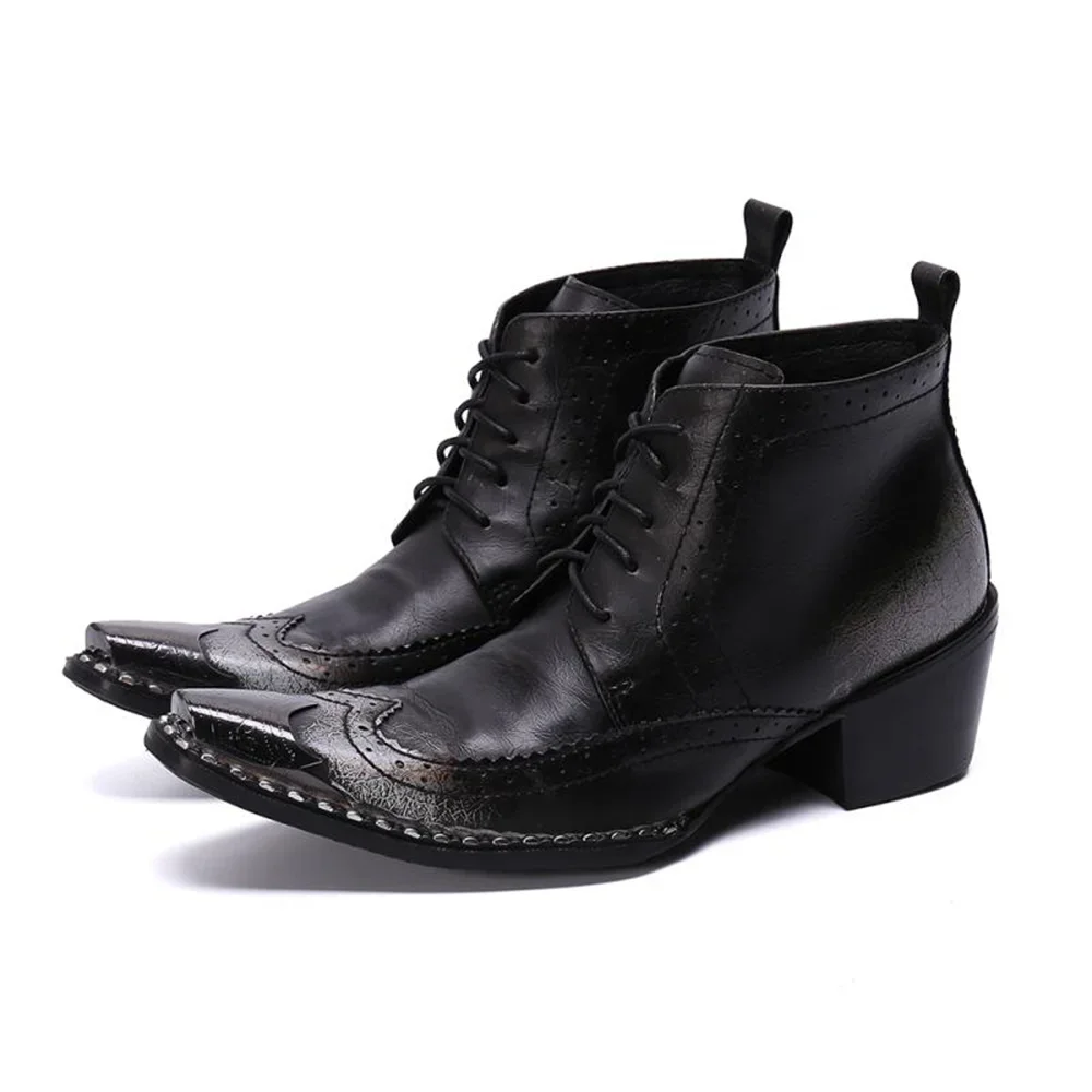 Black Lace Up With Metal Genuine Leather High Heels Pointed Toe Boots Male Plus Size Fashion Party Business For Men Dress Shoes