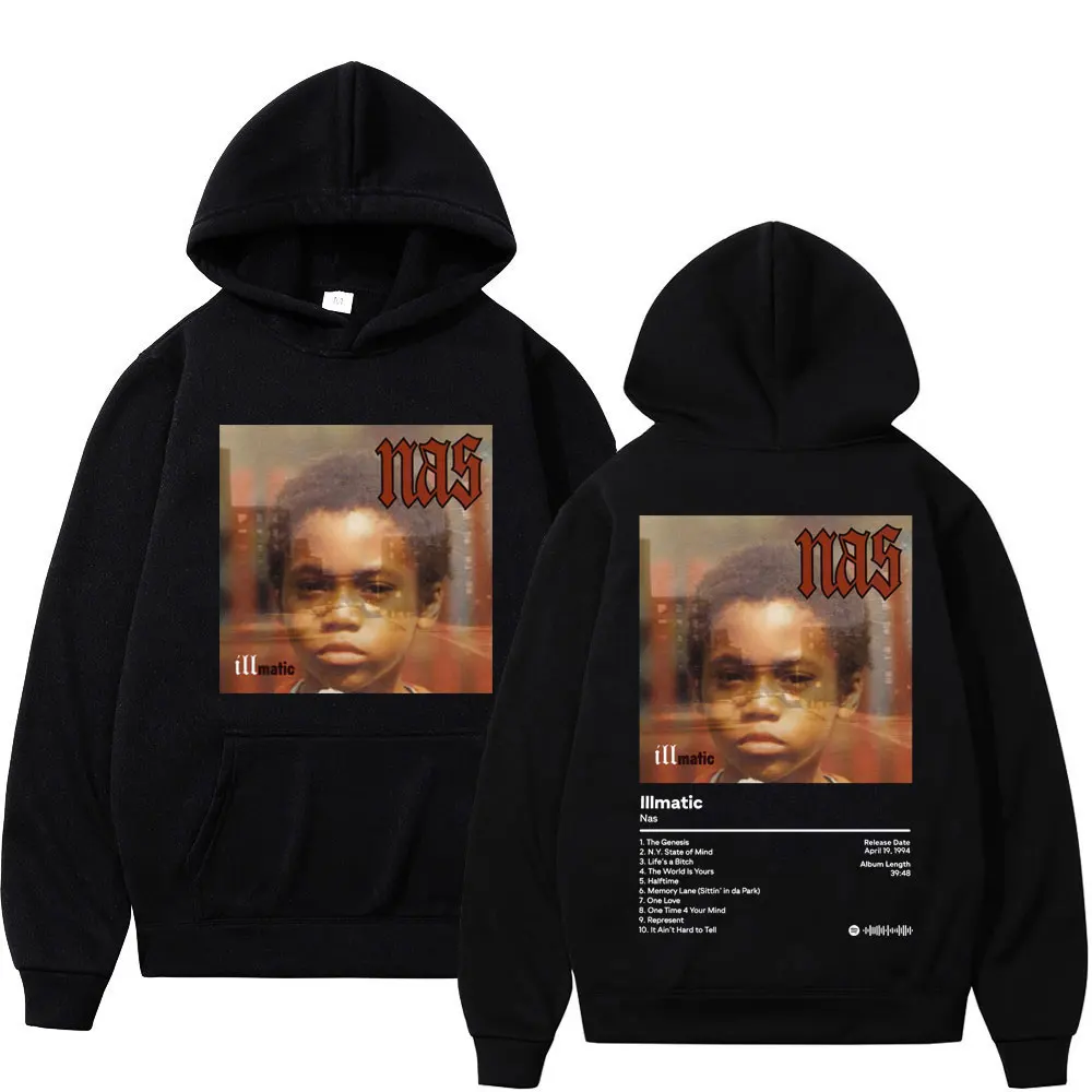 

Rapper NAS Music Album Illmatic Double Sided Print Hoodie Hip Hop Trend Vintage Pullovers Fashion Casual Loose Sweatshirt Unisex