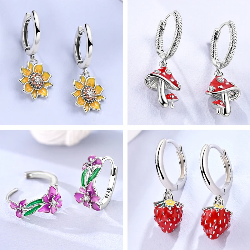 

Hot Sales 925 Sterling Silver Hoops Earrings Plant Cherry Strawberry Earrings for Women Girls Fashion Jewelry Gifts