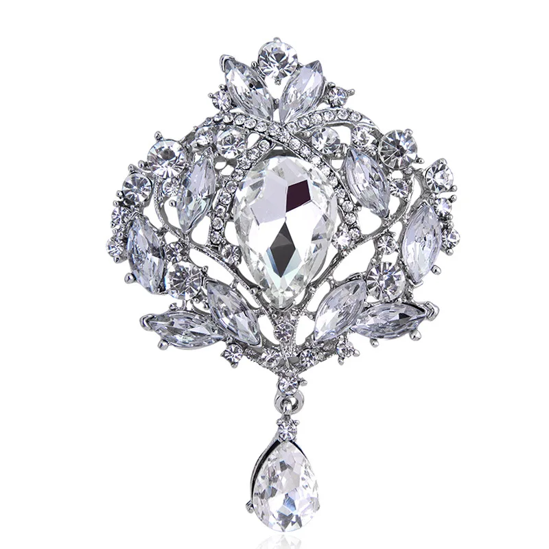 Elegant High Quality Large Crystal Teardrop Brooch for Women Wedding Art Deco Rhinestone Jewelry