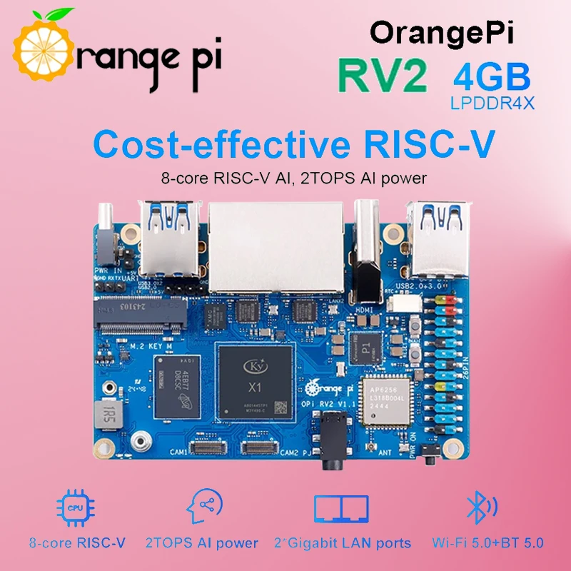 Orange Pi RV2 4 ГБ ОЗУ Одноплатный DDR4 8-ядерный процессор RISC-V 2TOPS AI WiFi BT5.0 M2 PCIE SSD BLE Мини-ПК Поддержка Ubuntu OS