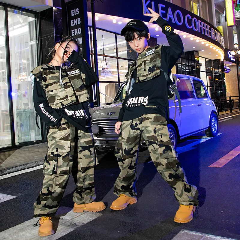 Meninas hip hop camuflagem colete calças de carga crianças militar jogger dança rua crianças traje adolescente meninos streetwear outfit