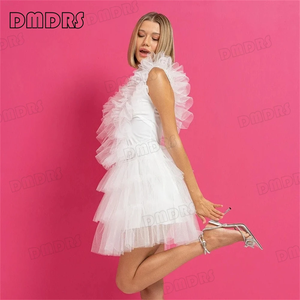 White Layered Tulle Dress Tutu Dresses For Women Ruffle Mini Dresses Sexy Deep V Neck Formal Gown For Cocktail Party