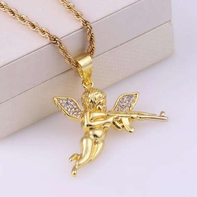 Stylish Angel Assault Rifle Pendant Necklace for Men Hip Hop Rock Rap Cool Jewelry Gift