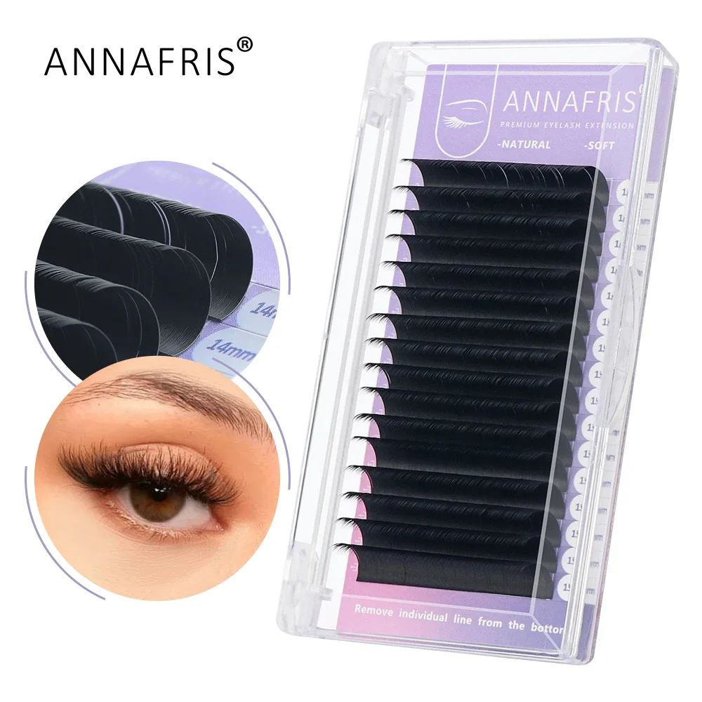 ANNAFRIS 16rows/Tray Matte Black C D DD Curl Individual Eyelash Extension Premium Faux Mink Classic Lash Natural Soft False Lash