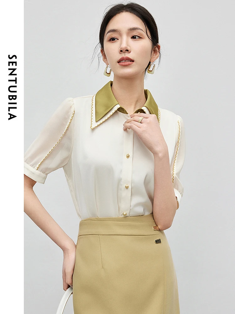 SENTUBILA Contrast Double Polo Collar Thin Shirt Woman 2024 Summer Simple Straight Button Up Short Sleeve Blouse Women 142C54838