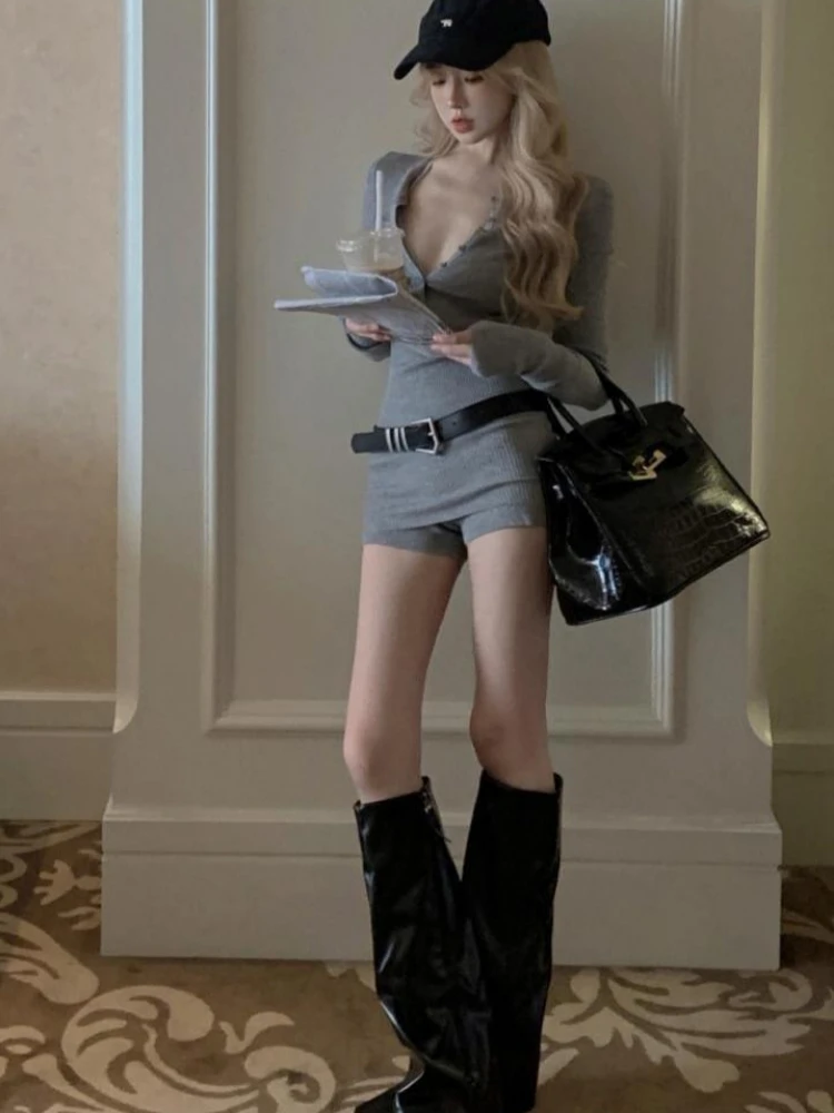 Gray Outfit Hot Girls Y2K Clothes 2000s Libertine Sexy 2-Piece Set Long Sleeve V-Neck Top Tight Shorts Streetwear Suit Bodycon