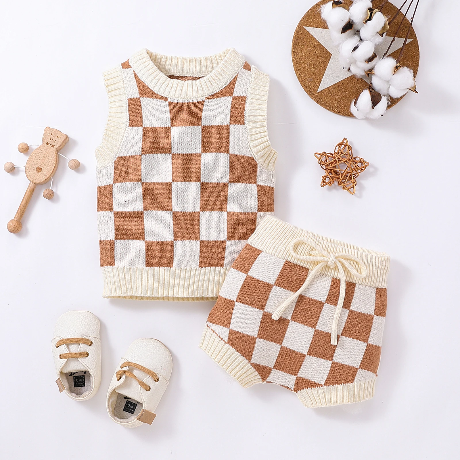 FOCUSNORM 2pcs Autumn Baby Girls Boys Clothes Sets 0-3Y Knit Sleeveless Checkerboard Printed Vest+Shorts Sweater Outfits