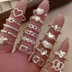 Heart Open Rings for Women Korea Geometric Crystal Moonstone Gothic Finger Ring Y2K Accessories Trendy Aesthetic y2k Jewelry