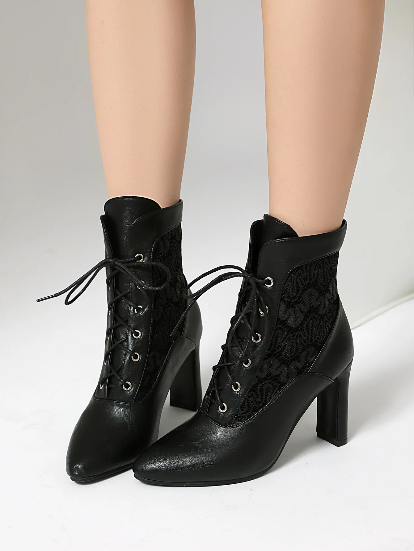 25 الخريف الشتاء السيدات 8.5 سنتيمتر كعب سميك أشار رئيس لون نقي الدانتيل بولي PU خياطة الدانتيل متابعة موضة الراحة حذاء من الجلد #2