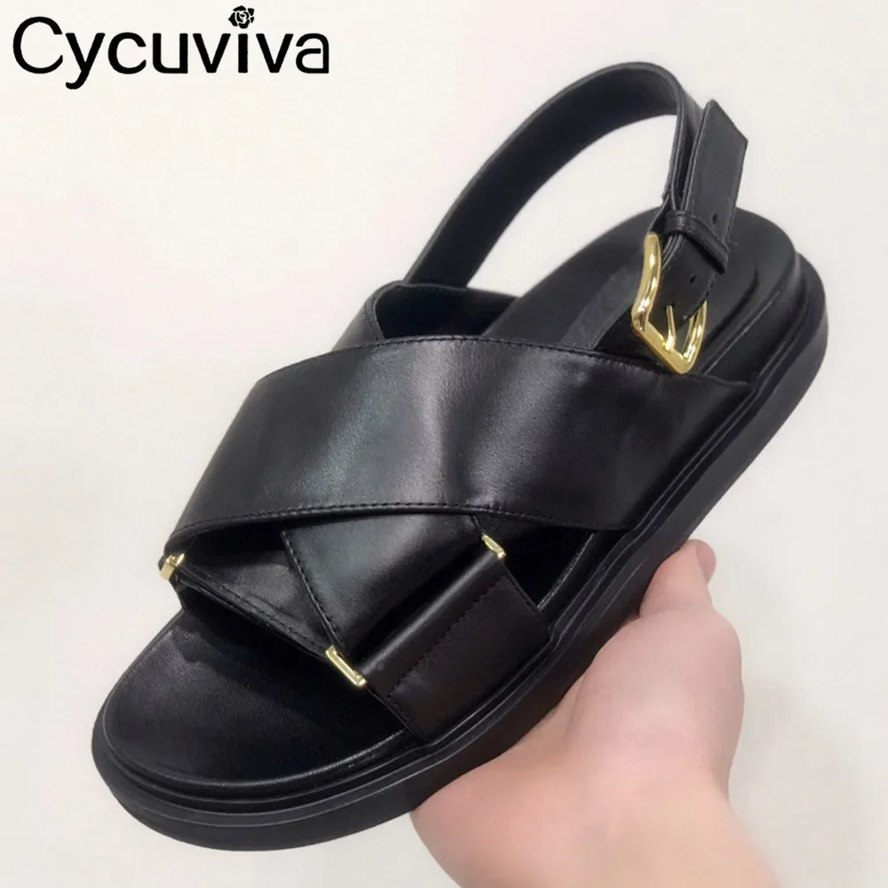 Fashion Cross Peep Toe Sandals Flat Platform Summer Casual Shoes Women's Beach Sandals Color Blocking Girl's Leather Sandals