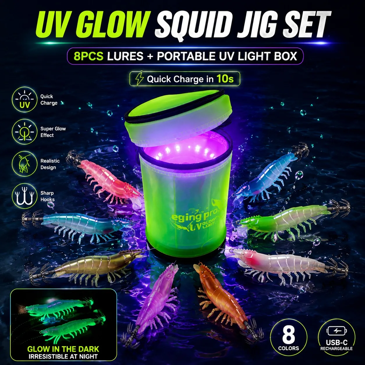 8-ピース-セット発光木製エビ人工餌-8-グラム-95-センチメートル模擬イカ餌-uv-ランプ付きポータブル海釣り餌