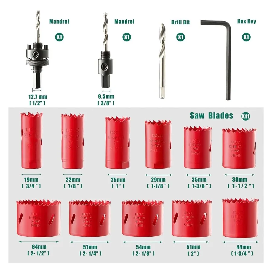 طقم منشار ثقب BiMetal HYCHIKA 17 قطعة من الفولاذ عالي السرعة 3 4 إلى 21 2 مجموعة منشار ثقب في علبة مع لقمة منشار ثقب المماسك للحفر المعدني #2