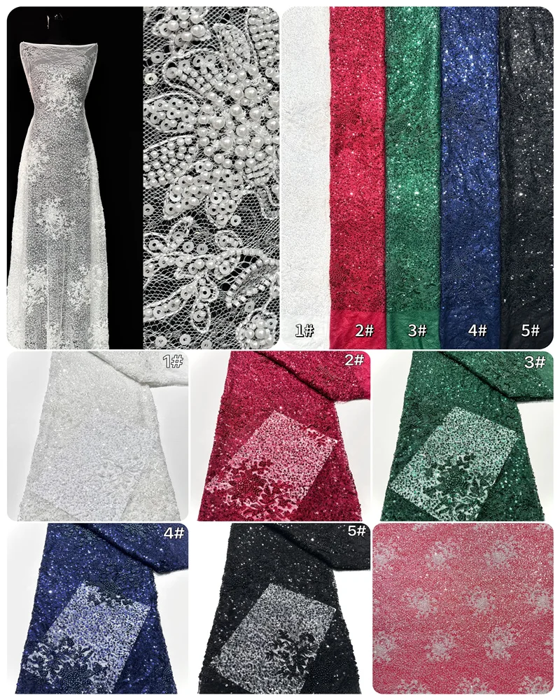 Luxury French Handmade Beaded Lace Fabric African Nigerian Sequin Lace Fabric Lace Fabric for Sewing Wedding Dresses