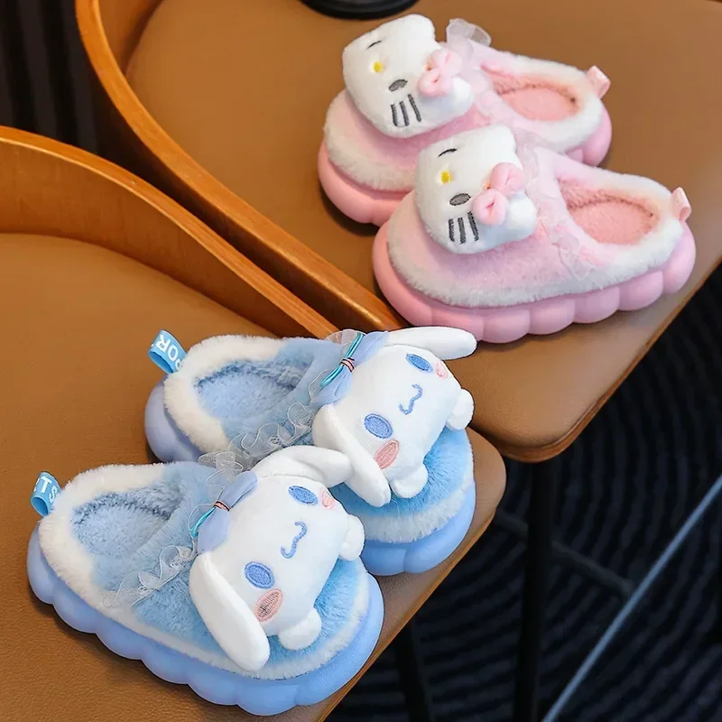 2024 New Cute Hello Kitty Children\'s Plush Slippers Soft Non-slip Winter Warm Baby Sanrio Girls Kids Indoor Home Cotton Shoes