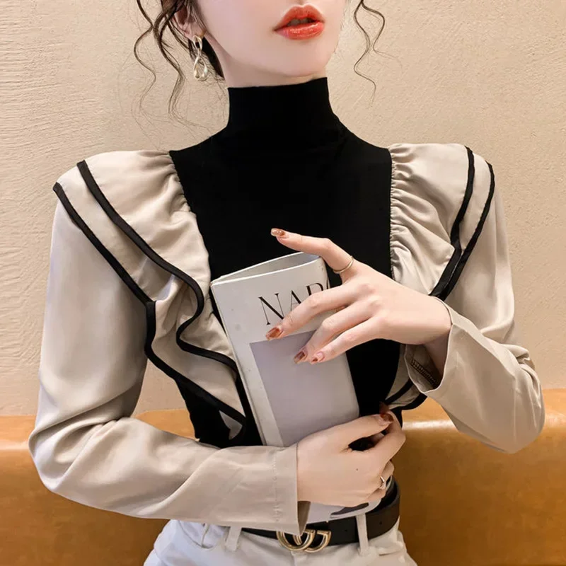 

Stylish Turtleneck Spliced Folds Ruffles Blouse Female Clothing 2023 Autumn New Casual Pullovers All-match Office Lady Shirt