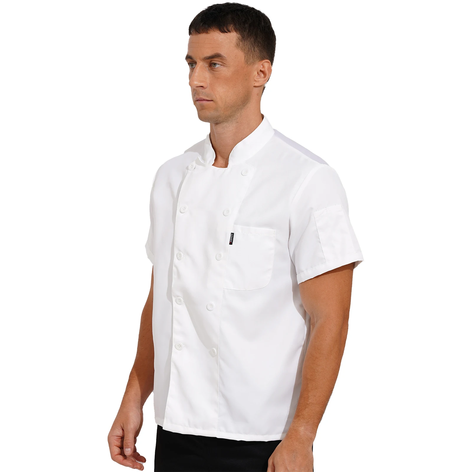 Mens Womens Food Service Work Kitchen Shirt Short Sleeve Stand Collar Chef Coat Button Canteen Restaurant Hotel Cook Uniform