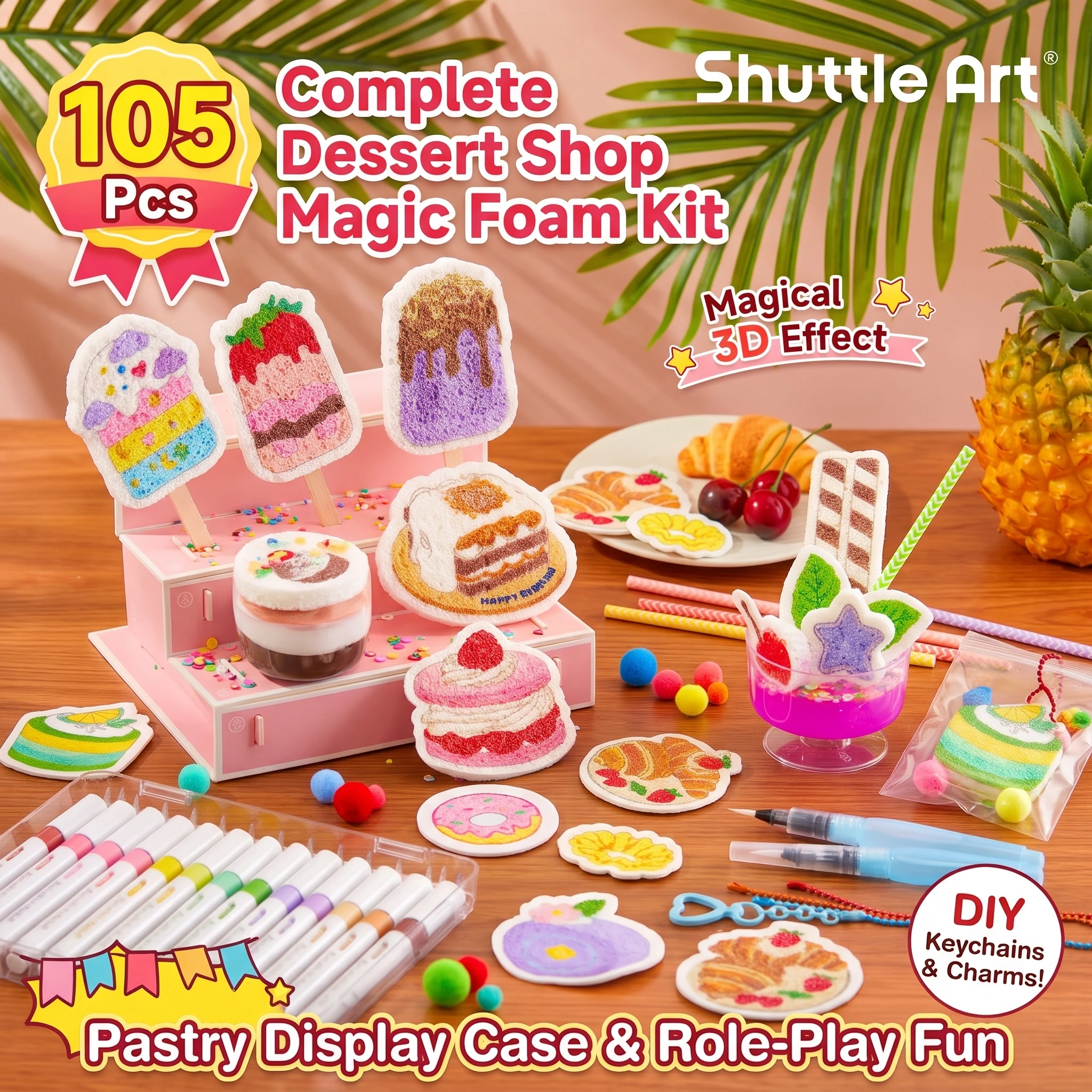 Shuttle Art 105 Pcs Magic Foam Texture Painting Kit Dessert Series: 24 Dessert Foam Pieces, Slime, Clay, Pastry Display Case, 12 Acrylic Paint Markers, Magical 3D Effect DIY Art for Kids