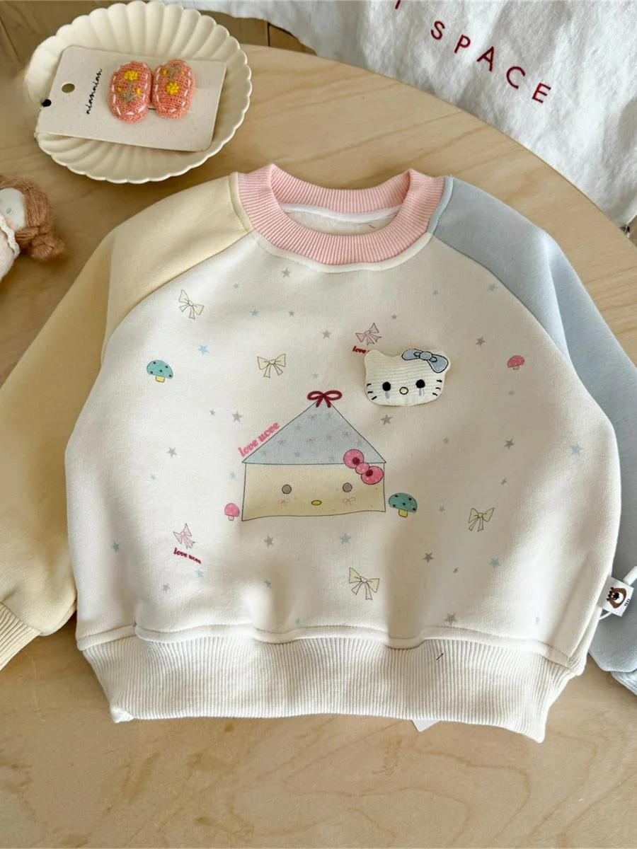 Girls' Cartoon Fce-Lined Long Sve Hoodie Autumn Winter Faion Baby Korean Sle Top Children's Clothing Winter Outfit