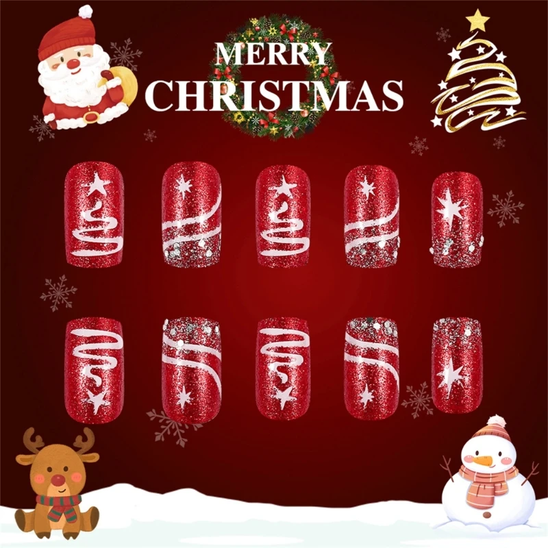 24PCS Short Square Christmas Press On Nails With Glitters Silver Tree Snowflake Designs on Nails For Women