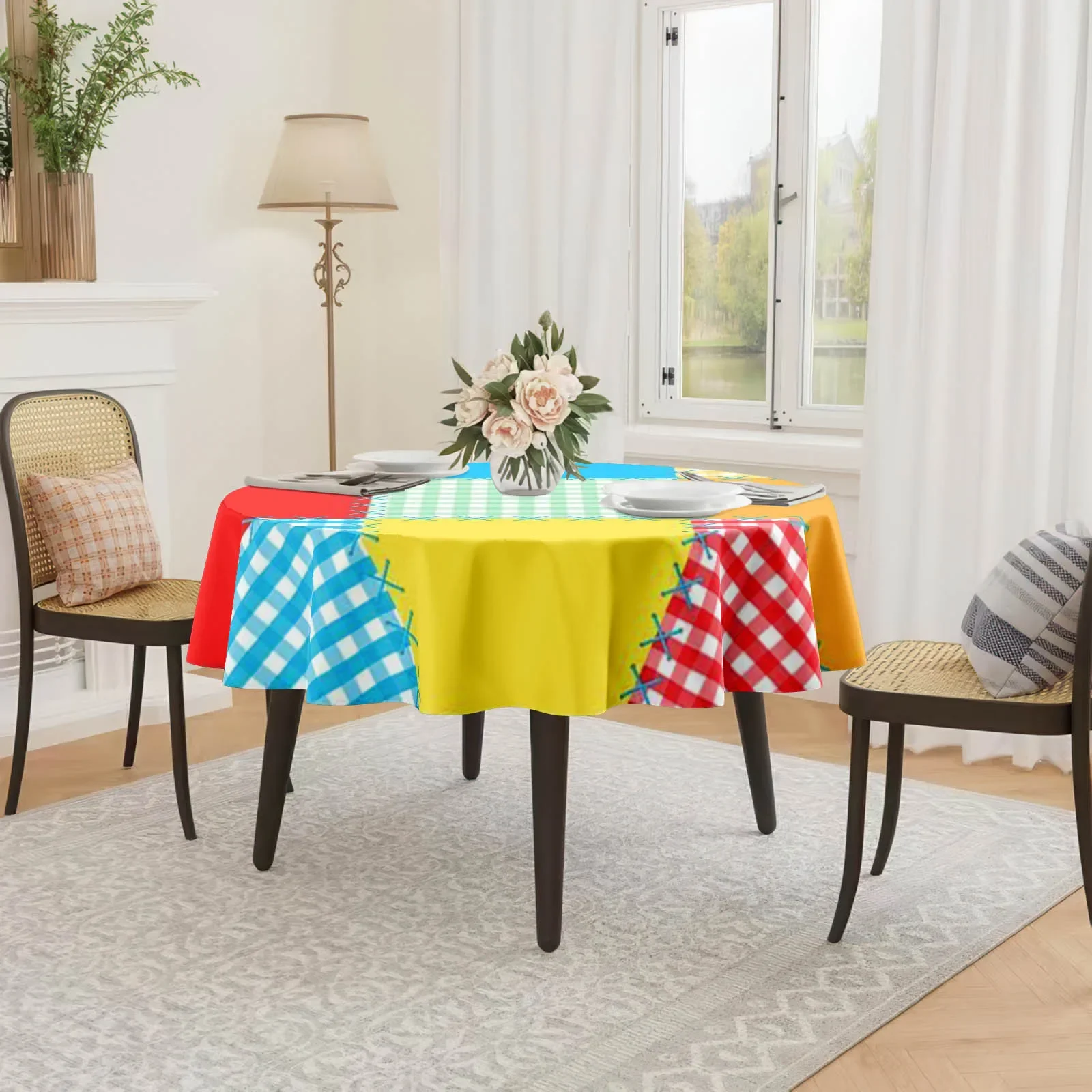 A colorful checkered pattern tablecloth, with different colored checks arranged in an orderly manner.