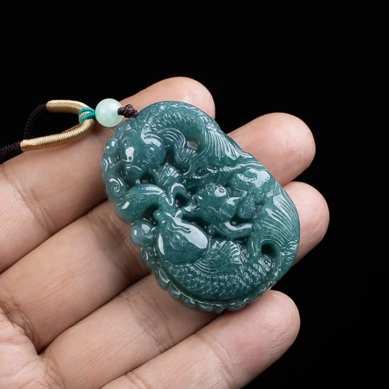 Natural Grade A Jadeite Dragon Pendant Blue Water Ice Mythical Beast Design Unisex Lucky Charm Necklace for Wealth & Protection