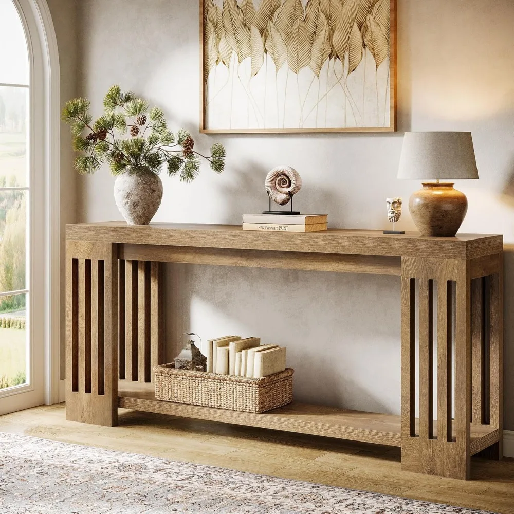 

Прочный удлиненный стол для прихожей, 70,9-дюймовый, диван-консоль для фермерского дома с ножками в вертикальную полоску, двухуровневая мебель для входа