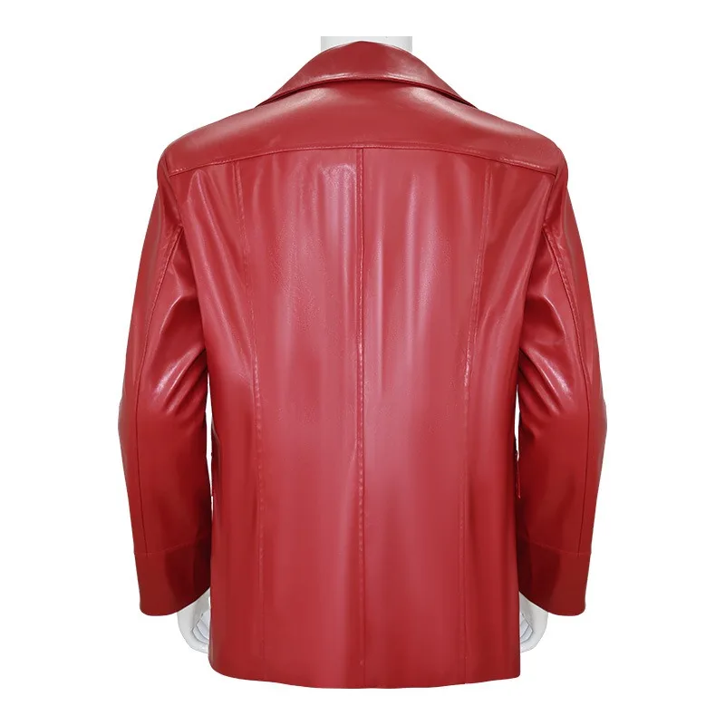 Men Red Leather Jacket Fight Club Tyler Durden Cosplay Costume PU Coat T-shirt Glasses Suit Halloween Party Role Play Outfit view 4