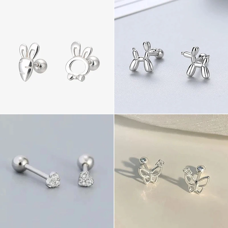 Trendy Simple Silver Color Rabbit Carrot Screw Earrings For Women Girls Cute Small Dog Charm Daily Commuting Jewelry Accessories