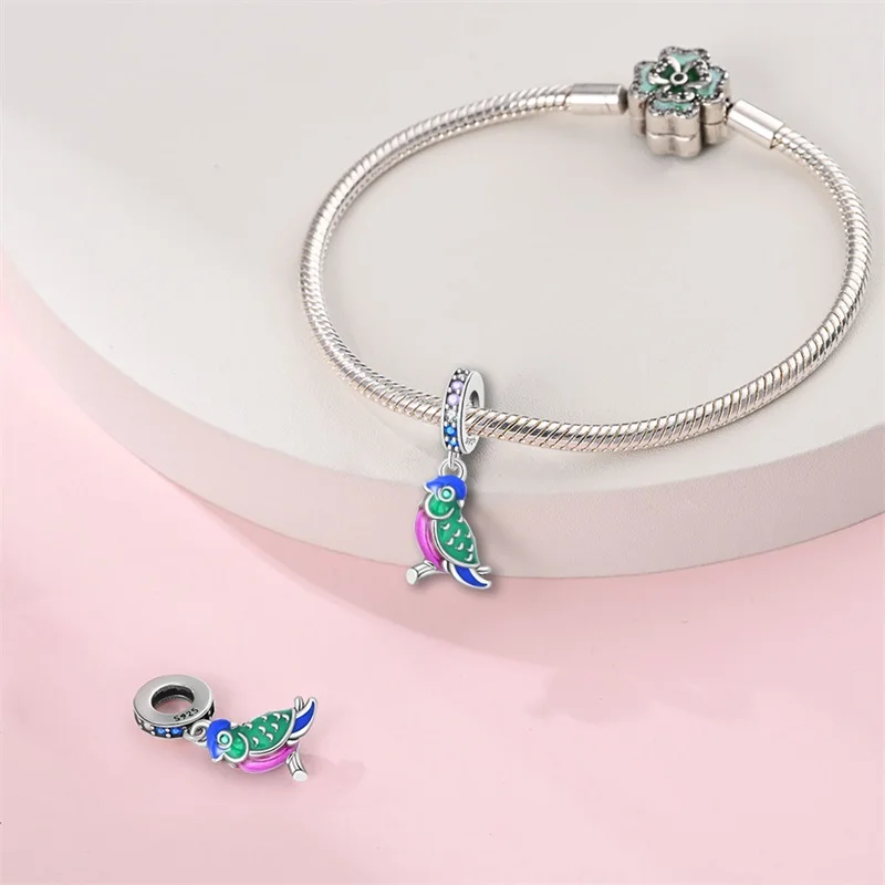 Spring New 925 Sterling Silver Feather Flowers Parrot Bird Charms Beads Fit 3mm 925 Original Bracelets Fine DIY Jewelry Gift