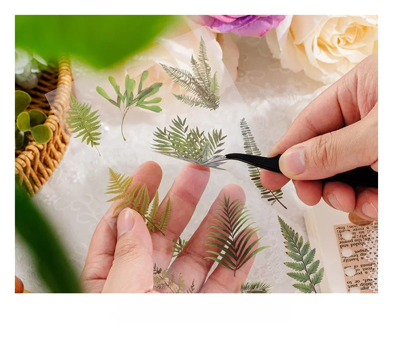 6 Sheets/pack PET Die-cut Sticker Retro Plants Flowers Ferns Clovers Lavenders DIY Scrapbook Junk Journal Collage Materials