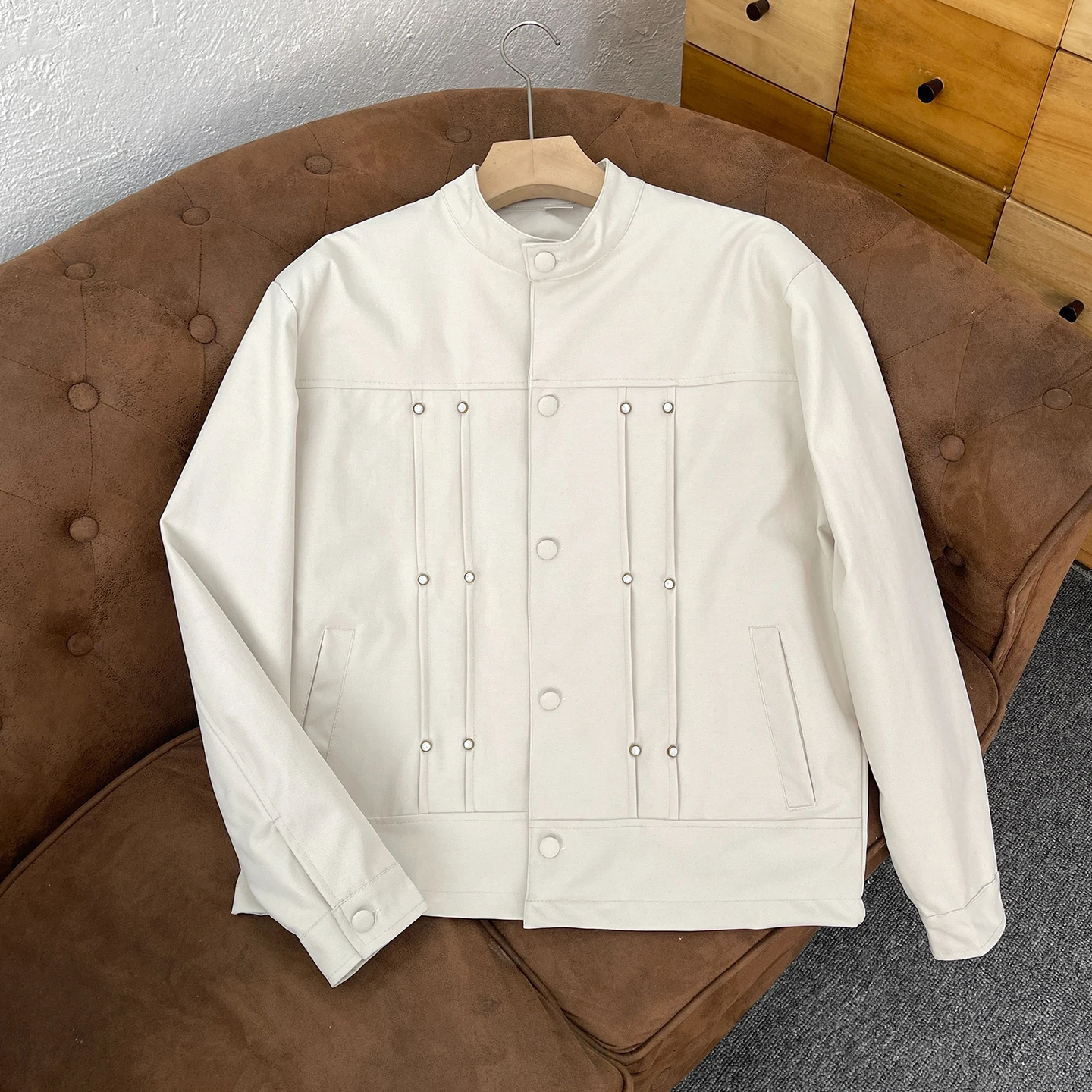 

American Sle Pleated Stand Collar Jaet Men's New Chinese Casual Haome Cleanfit Button High-End Feeling Outerwear