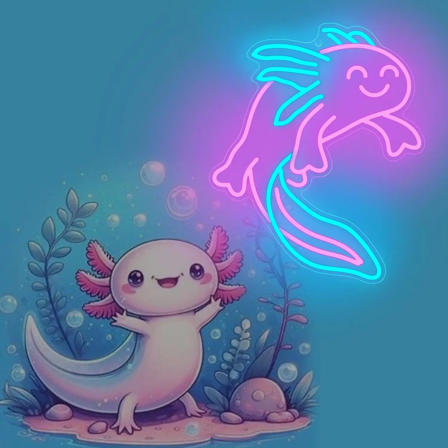 Letreiro neon axolotl amonite posicionado em um quarto