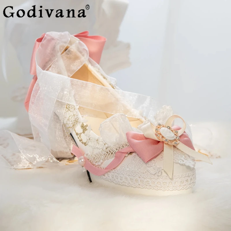 

Original Woman's Sweet Elegant Wedding High Heels 2025 New Autumn Cute Bow Lace Lo Princess High Heels Ladies Lolita Pumps
