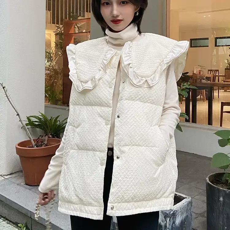

Winter Autumn 2025 New Down Vest Female Korean Chic Doll Collar Sleeveless White Down Vest Lapel Vest S Tops