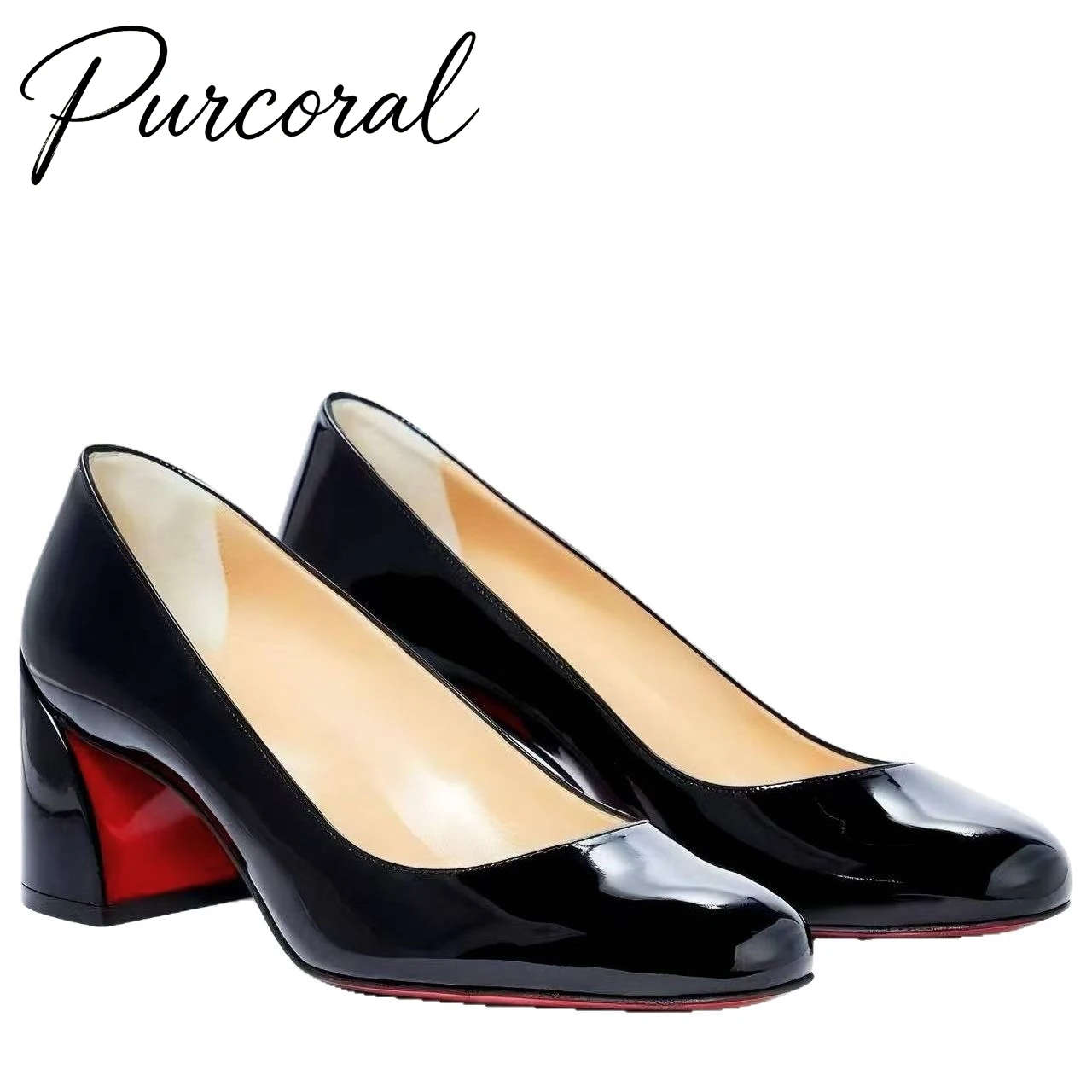 

Purcoral Women Patent Leather Pumps Red Sole Block Mid Heel Shoes Round Toe Slip On Casual Office Dress Pumps Zapatos Mujer