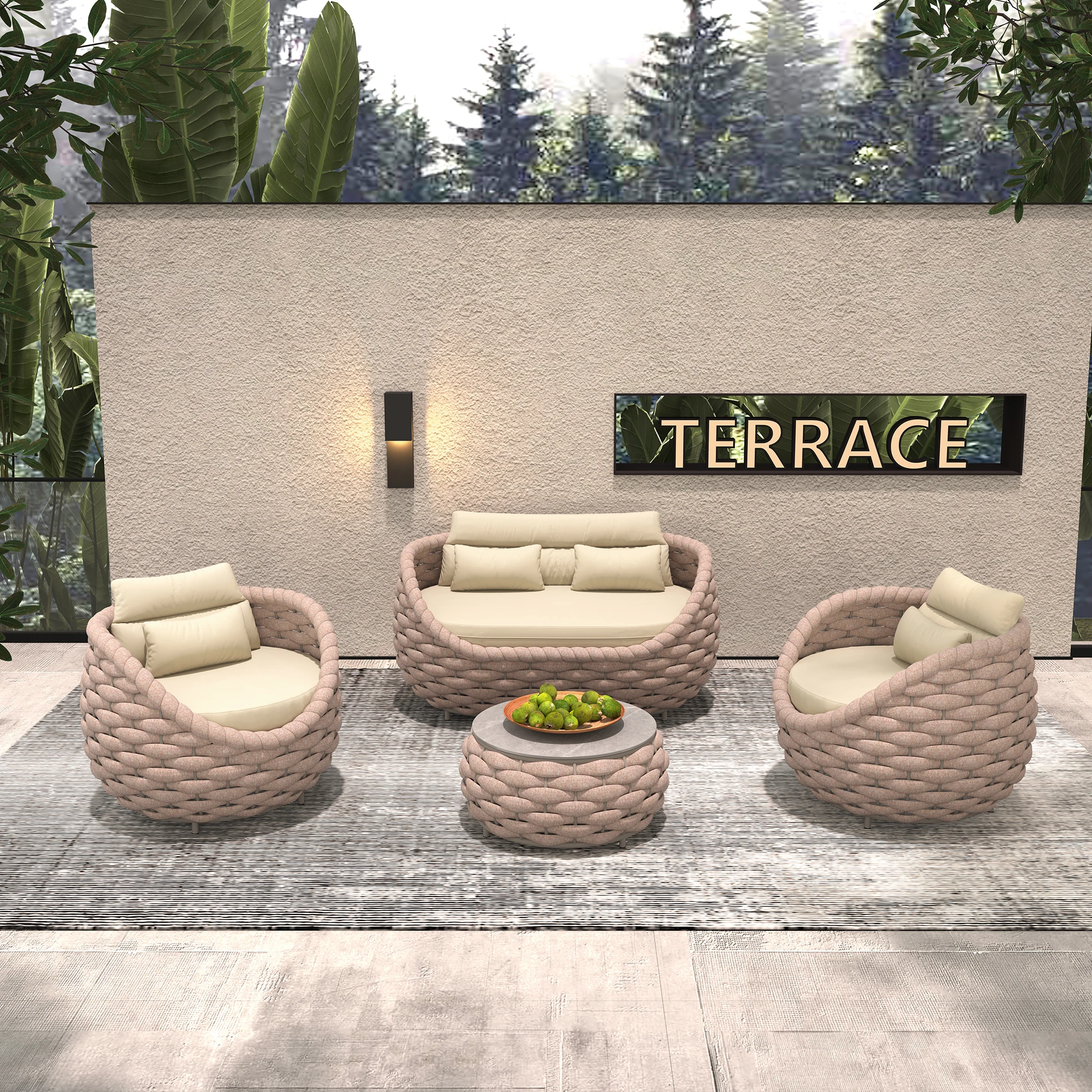 Fulin Fabrikpreis Rattan Aluminium Teak Outdoor Garten Lounge Möbel Rattan Möbel Set